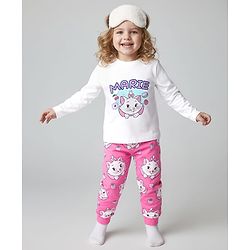 Babyhug Disney Single Jersey Knit Full Sleeves Night Suit with Marie Graphics - White & Pink