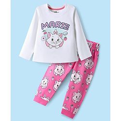 Babyhug Disney Single Jersey Knit Full Sleeves Night Suit with Marie Graphics - White & Pink