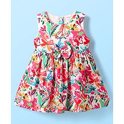 Babyhug Cotton Woven Sleeveless Frock With Floral Print & Bow Applique - Red