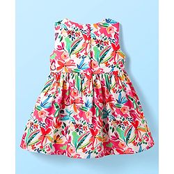 Babyhug Cotton Woven Sleeveless Frock With Floral Print & Bow Applique - Red