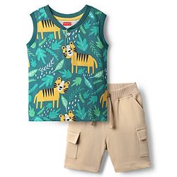 Babyhug Single Jersey Knit Sleeveless Tank T-Shirt & Shorts Set With Tiger Print - Green & Brown