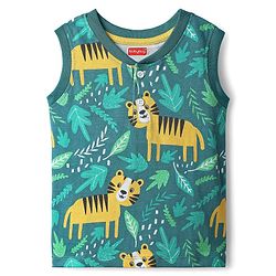 Babyhug Single Jersey Knit Sleeveless Tank T-Shirt & Shorts Set With Tiger Print - Green & Brown