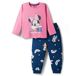 Babyhug Disney Single Jersey Knit Full Sleeves Night Suit With Minnie Mouse Family Graphics - Pink & Navy Blue