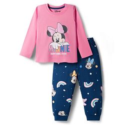 Babyhug Disney Single Jersey Knit Full Sleeves Night Suit With Minnie Mouse Family Graphics - Pink & Navy Blue