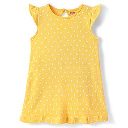 Babyhug Cotton Knit Frill Sleeves Nighty with Polka Dots Print - Yellow