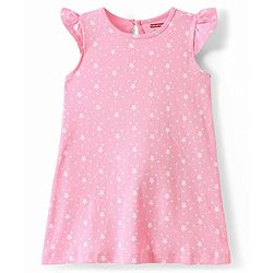 Babyhug Cotton Knit Frill Sleeves Nighty with Stars Print - Pink