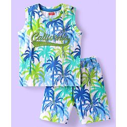 Babyhug Single Jersey Cotton Knit Sleeveless Tank T-Shirt & Shorts Co-Ord Set With Beach Theme Print - Blue