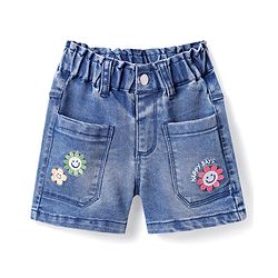 Babyhug Denim Knit Mid Thigh Washed Shorts with With Stretch & Floral Embroidery - Blue