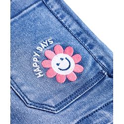 Babyhug Denim Knit Mid Thigh Washed Shorts with With Stretch & Floral Embroidery - Blue