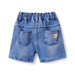 Babyhug Denim Knit Mid Thigh Washed Shorts with With Stretch & Floral Embroidery - Blue