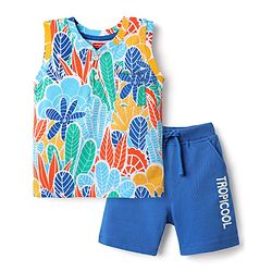 Babyhug Single Jersey Knit Sleeveless T-Shirt & Shorts with Leaf Print - Blue