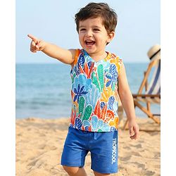 Babyhug Single Jersey Knit Sleeveless T-Shirt & Shorts with Leaf Print - Blue
