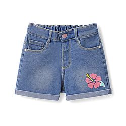 Babyhug Mid Thigh Length Washed Shorts with Stretch & Floral Embroidery - Blue