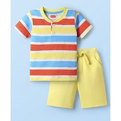 Babyhug Single Jersey Knit Half Sleeves Striped Henley T-Shirt & Shorts Set - Yellow