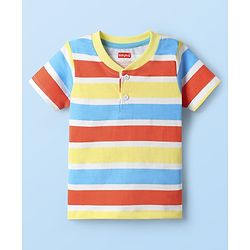 Babyhug Single Jersey Knit Half Sleeves Striped Henley T-Shirt & Shorts Set - Yellow