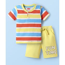 Babyhug Single Jersey Knit Half Sleeves Striped Henley T-Shirt & Shorts Set - Yellow