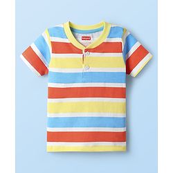 Babyhug Single Jersey Knit Half Sleeves Striped Henley T-Shirt & Shorts Set - Yellow