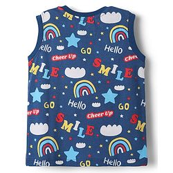 Babyhug Single Jersey Knit Sleeveless T-Shirt and Shorts Set with Rainbow & Smile Text Print - Navy Blue & Red