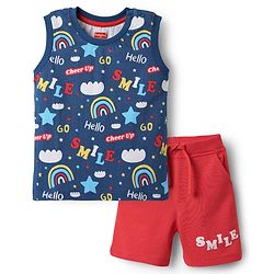 Babyhug Single Jersey Knit Sleeveless T-Shirt and Shorts Set with Rainbow & Smile Text Print - Navy Blue & Red