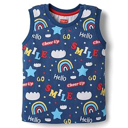 Babyhug Single Jersey Knit Sleeveless T-Shirt and Shorts Set with Rainbow & Smile Text Print - Navy Blue & Red