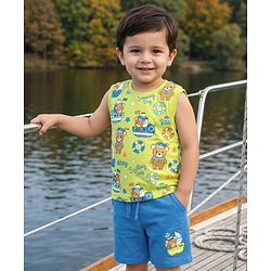 Babyhug Single Jersey Knit Sleeveless Tank T-Shirt & Shorts Set with Teddy Print - Limegreen & Blue