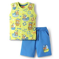 Babyhug Single Jersey Knit Sleeveless Tank T-Shirt & Shorts Set with Teddy Print - Limegreen & Blue