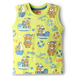 Babyhug Single Jersey Knit Sleeveless Tank T-Shirt & Shorts Set with Teddy Print - Limegreen & Blue