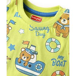 Babyhug Single Jersey Knit Sleeveless Tank T-Shirt & Shorts Set with Teddy Print - Limegreen & Blue