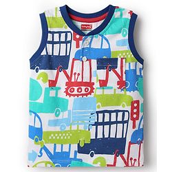 Babyhug Single Jersey Knit Sleeveless Tank T-Shirt & Shorts Set With Vehicles Print - White & Navy Blue
