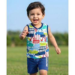 Babyhug Single Jersey Knit Sleeveless Tank T-Shirt & Shorts Set With Vehicles Print - White & Navy Blue