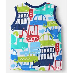 Babyhug Single Jersey Knit Sleeveless Tank T-Shirt & Shorts Set With Vehicles Print - White & Navy Blue