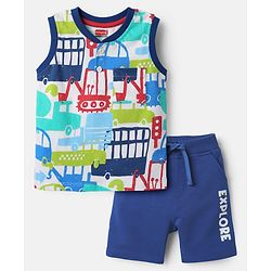Babyhug Single Jersey Knit Sleeveless Tank T-Shirt & Shorts Set With Vehicles Print - White & Navy Blue