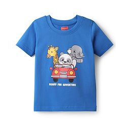Babyhug Cotton Knit Half Sleeves T-Shirt With Animal Print - Blue