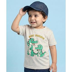 Babyhug Cotton Knit Half Sleeves T-Shirt With Crocodile Print - Grey