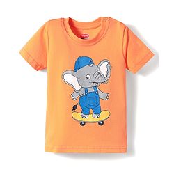 Babyhug Cotton Knit Half Sleeves T-Shirt with Elephant Print - Orange