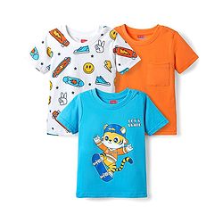 Babyhug Cotton Knit Half Sleeves T-Shirt with Skating Print Pack of 3 - Light Blue Orange & White