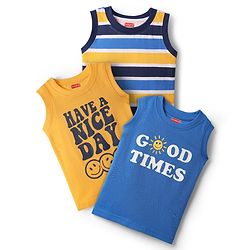 Babyhug Cotton Knit Sleeveless Tank T-Shirt  With Stripes & Good Times Print Pack Of 3 - Blue & Yellow