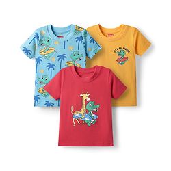 Babyhug Cotton Knit Half Sleeves T-Shirts With Animal Print Pack Of 3 - Light Blue & Red
