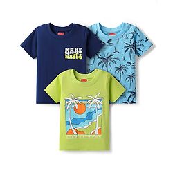 Babyhug Cotton Knit Half Sleeves T-Shirt With Beach Theme Print Pack Of 3 - Light Blue & Navy Blue