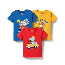 Babyhug Cotton Knit Half Sleeves T-Shirt With Animal Print Pack Of 3 - Red & Navy Blue