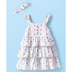 Babyhug Single Jersey Knit Sleeveless Layered Frock with Headband & Polka Dots Print - White