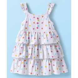 Babyhug Single Jersey Knit Sleeveless Layered Frock with Headband & Polka Dots Print - White