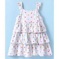 Babyhug Single Jersey Knit Sleeveless Layered Frock with Headband & Polka Dots Print - White