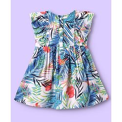 Babyhug Cotton Woven Frill Sleeves Frock With Leaf Print & Bow Applique - White