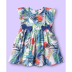 Babyhug Cotton Woven Frill Sleeves Frock With Leaf Print & Bow Applique - White