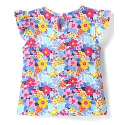 Babyhug Cotton Knit Frill Sleeves T-Shirt with Floral Print - Blue