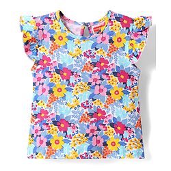 Babyhug Cotton Knit Frill Sleeves T-Shirt with Floral Print - Blue