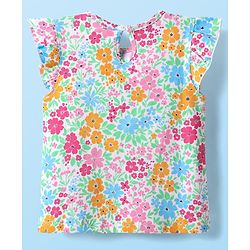 Babyhug Cotton Knit Frill Sleeves T-Shirt with Floral Print - Light Blue
