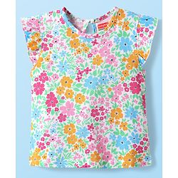 Babyhug Cotton Knit Frill Sleeves T-Shirt with Floral Print - Light Blue