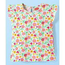 Babyhug Cotton Knit Frill Sleeves T-Shirt with Floral Print - White